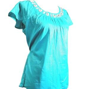 Stein Mart Jewel Beaded Neckline Top New Size M Turquoise Tie Back 100% Cotton